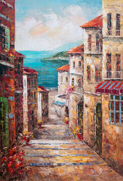 Fototapeta Summer old narrow streets of the coastal town. Oil painting