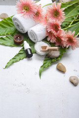 Fototapeta na wymiar Lifestyle and Healthy Concept. Spa setting for massage treatment on gray background