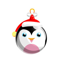 Funny penguin christmas ball in santa hat isolated on white