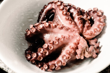 Close-up of boiled octopus on a white surface. Concept natural food, seafood.