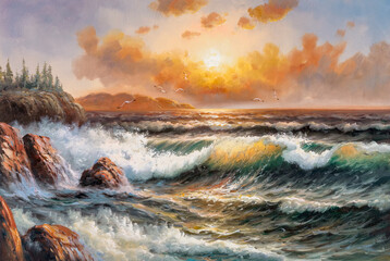 Seascape at sunset with large waves. Oil painting
