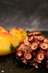 Delicious grilled octopus tentacles with potatoes seasoned with Spanish paprika, olive oil, parsley and sea salt on a black slab and fancy background. Gourmet kitchen concept, culinary aesthetics.