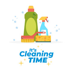 Bottle and sponge cleaning time in white background - Vector