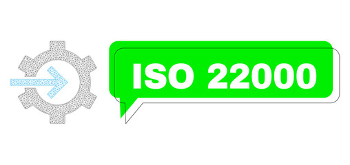 Shifted ISO 22000 green chat frame and cog integration wireframe structure. Vector flat cog integration, built from flat mesh. Green conversation contains ISO 22000 caption inside black frame,