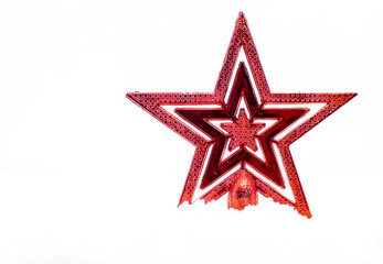 Obraz premium Merry christmas and happy new year greeting card. Red star on winter Christmas landscape.