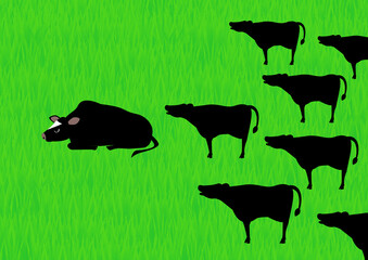 座る牛と追い立てる牛　丑年