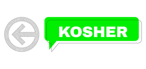 Shifted Kosher green text frame and direction left mesh composition. Vector flat direction left, created from triangular grid. Green chat includes Kosher text inside black frame, and color area.