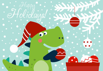 Cute winter holiday illustration with funny dinosaur. Christmas and Happy Holidays vector card
