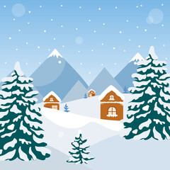 Obraz na płótnie Canvas Greeting card for new year and Christmas. Winter landscape with mountains and fir trees. Vector illustration for printing on a poster.