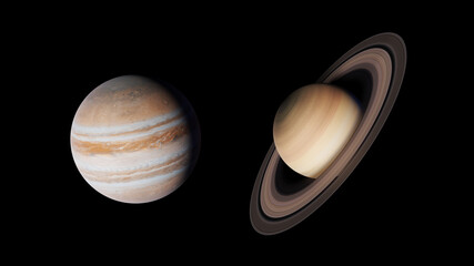 Jupiter and Saturn conjunction, black background 3d render - obrazy, fototapety, plakaty
