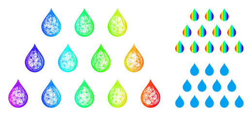 Spectral colored network drops, and solid rainbow gradient drops icon. Crossed carcass 2D network geometric symbol based on drops icon, is made from crossed lines.