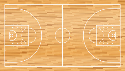 basketball court with wooden parquet flooring and markings lines. Outline basketball playground top view. Sports ground for active recreation. Vector