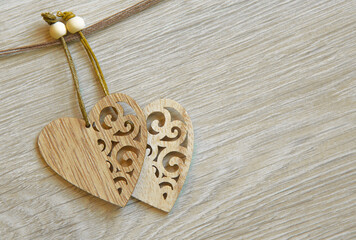 Valentines Day background with hearts.. decorations on wooden background. with empty copy space