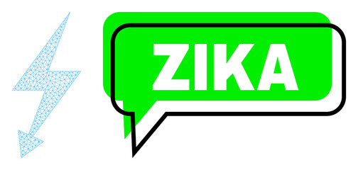 Misplaced Zika green chat banner and electric strike wireframe model. Vector 2d electric strike, created from flat mesh. Green chat includes Zika text inside black frame, and color banner.