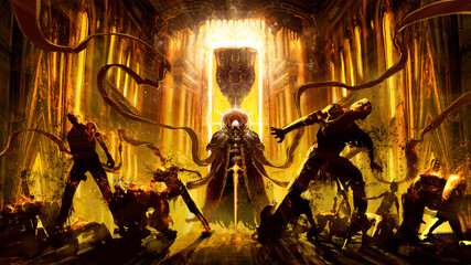 A powerful guard of the Holy Grail, with a fiery sword, expels evil spirits from the cathedral with a wave of light, zombies burn from the holy flame, sparking and crumbling to dust. 2d illustration.