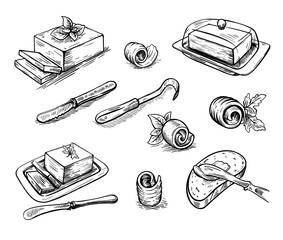 Butter. natural farm products. set of vector sketches