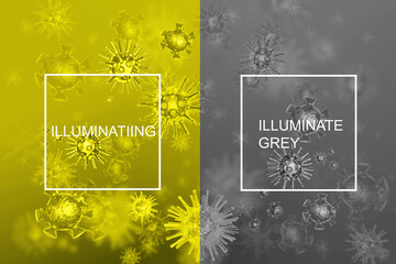 models of coronavirus Covid-19 in neutral and yellow colors, pandemic concept, Illuminating and Ultimate gray Pantone color of the year 2021, 3d illustration, 3d rendering