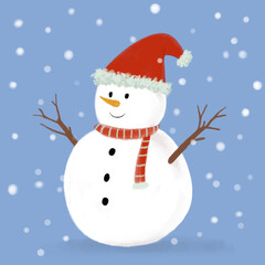 Snowman in the snow isolated on blue background. Flat design. Greeting seasons.