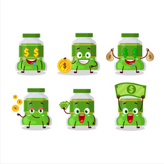 Pesto bottle cartoon character with cute emoticon bring money