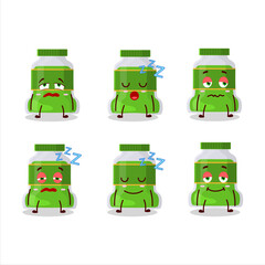 Cartoon character of pesto bottle with sleepy expression