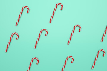 Traditional christmas candy cane On blue Background, 3D rendering. 3D illustration.