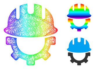 Spectrum colored net mesh development hardhat, and solid spectrum gradient development hardhat icon. Linear frame 2D net abstract symbol based on development hardhat icon, made with intersected lines.