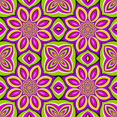 Colorful wrapping paper with pink flowers. Optical illusion of movement. Seamless pattern.