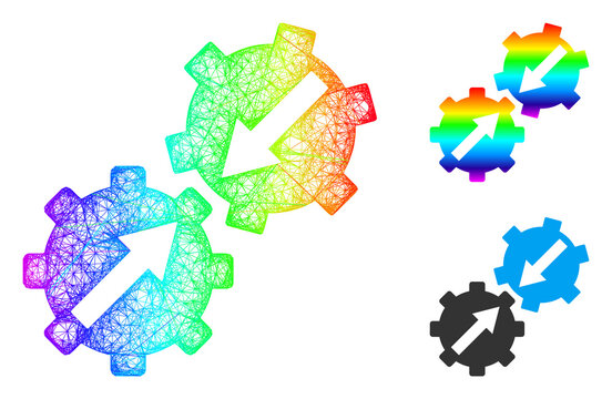 Spectrum colored wire frame gear integration, and solid spectrum gradient gear integration icon. Wire frame 2D net geometric image based on gear integration icon, generated with crossed lines.
