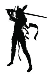 The black silhouette of a young warrior girl with wings on her head and a long sword at the ready, she has long wavy hair, she wears plate armor and waving ribbons . 2d illustration.
