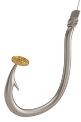 Big Fishing hook with gold coin Isolated On White Background, 3D rendering. 3D illustration.