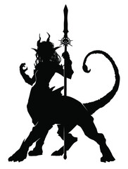 Black silhouette of a chimera girl with the horns of a lion's body, and the tail of a scorpion, she has a symmetrical spiked spear in her hands. 2d illustration. - obrazy, fototapety, plakaty