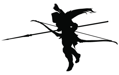 Fototapeta premium Black silhouette of an elf archer girl running like a spy with a long spear in her hands, she has a huge bow quiver of arrows and a cloak with a scarf. 2d illustration.