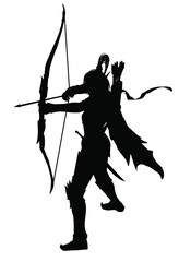 Fototapeta premium the black silhouette of an elf archer girl, in a stance with a taut bowstring, aims and is ready to shoot, she has a huge bow of arrows and a cloak with a scarf. 2d illustration.