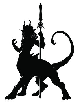 Black silhouette of a chimera girl with the horns of a lion's body, and the tail of a scorpion, she has a symmetrical spiked spear in her hands. 2d illustration.