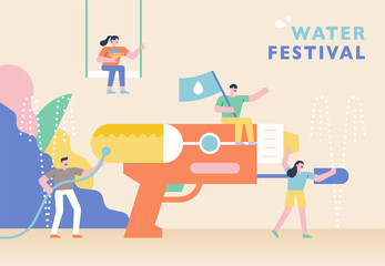 Summer water gun festival poster. Little man characters are preparing for battle around giant water guns. flat design style minimal vector illustration.