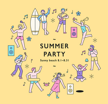 Summer party poster. People in swimsuits stand in a circle and enjoy a summer party. flat design style minimal vector illustration.