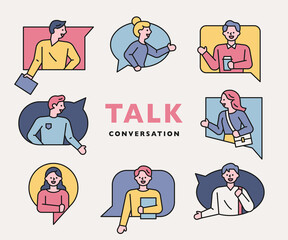 Conversation people icons collection. People are making gestures in various types of speech balloons. flat design style minimal vector illustration.