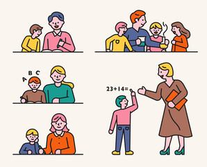 The teacher and student are studying together. Students are learning a variety of subjects. flat design style minimal vector illustration.