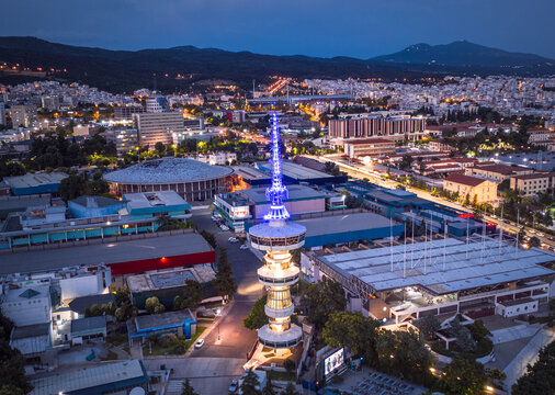 Thessaloniki at sunset cityscape, Tower of OTE and the international exhibition of Thessaloniki, Greece..