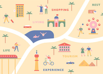 Tourism map concept. Touristic icons and tourists on the map. flat design style minimal vector illustration.