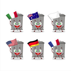 Trash can cartoon character bring the flags of various countries