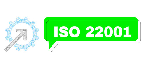 Misplaced ISO 22001 green message cloud and cog integration mesh model. Vector flat cog integration, designed with flat mesh. Green speech includes ISO 22001 caption inside black contour,