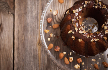 homemade chocolate  dessert on glass plate on wooden table