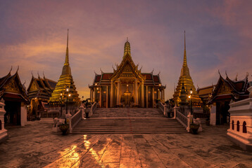 Wat Phra Kaew, Temple of the Emerald Buddha with twilight sky.
