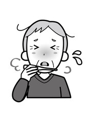 発熱し体温計を見て困っているおじいさん