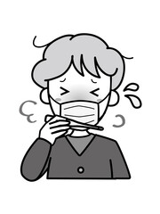 発熱し体温計を見て困っているおばあさん（マスク着用）