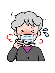 発熱し体温計を見て困っているおばあさん（マスク着用）