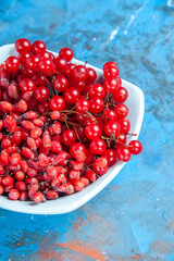 bottom view currants and barberries in white plate on blue background