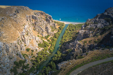 Panorama of Preveli beach at Libyan sea, palm forest, southern Crete , Greece