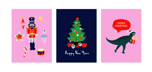 Set of Greeting card for Merry Christmas and Happy New Year. Illustration for flyer and booklet, brochure and website.